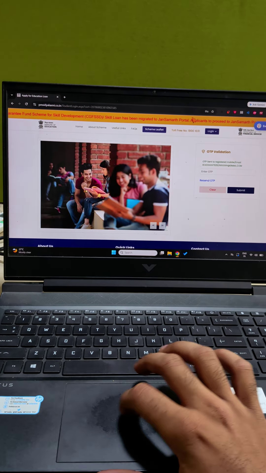 PM Vidyalaxmi Login OTP verification screen