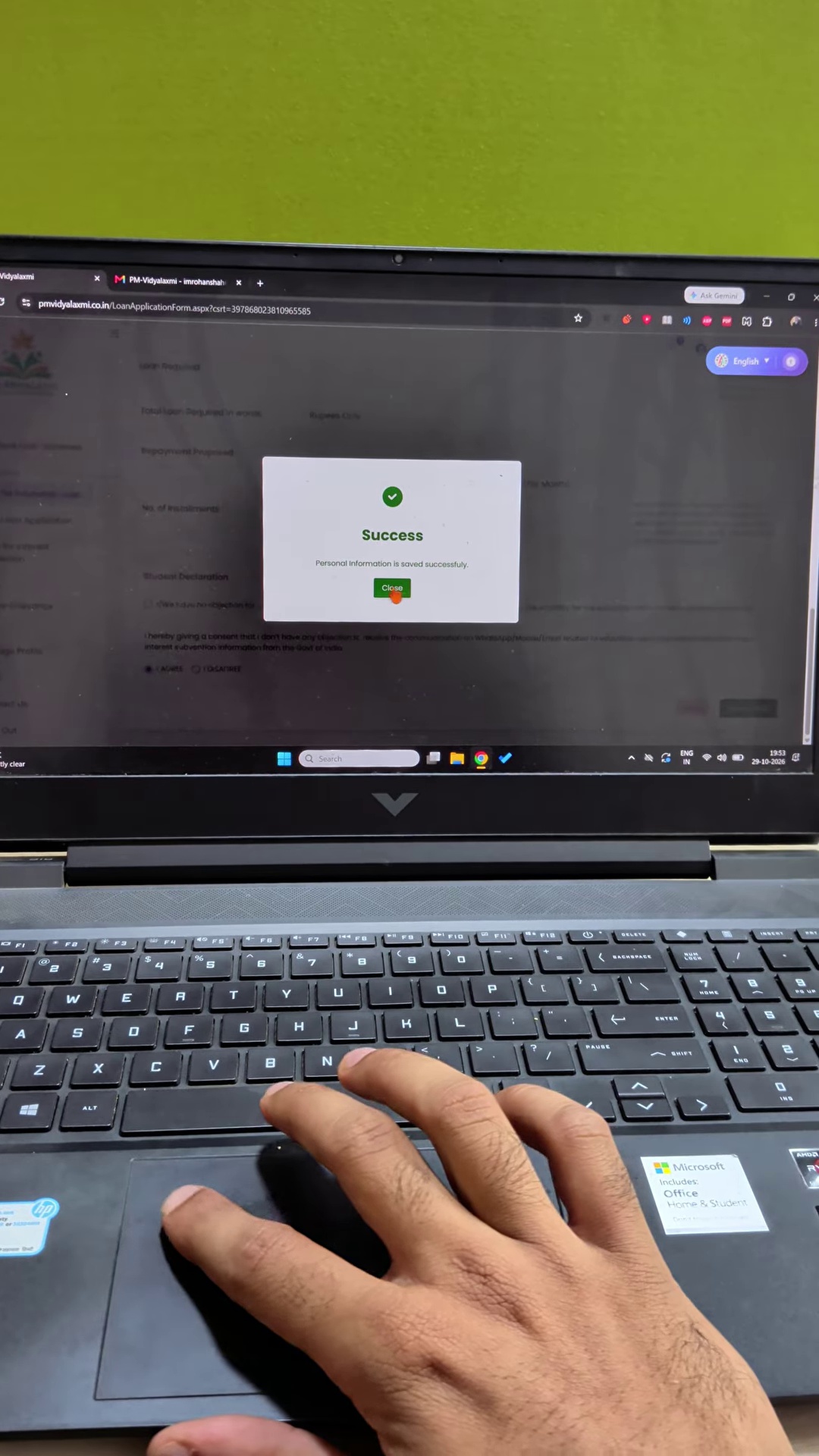 Personal Information saved successfully popup