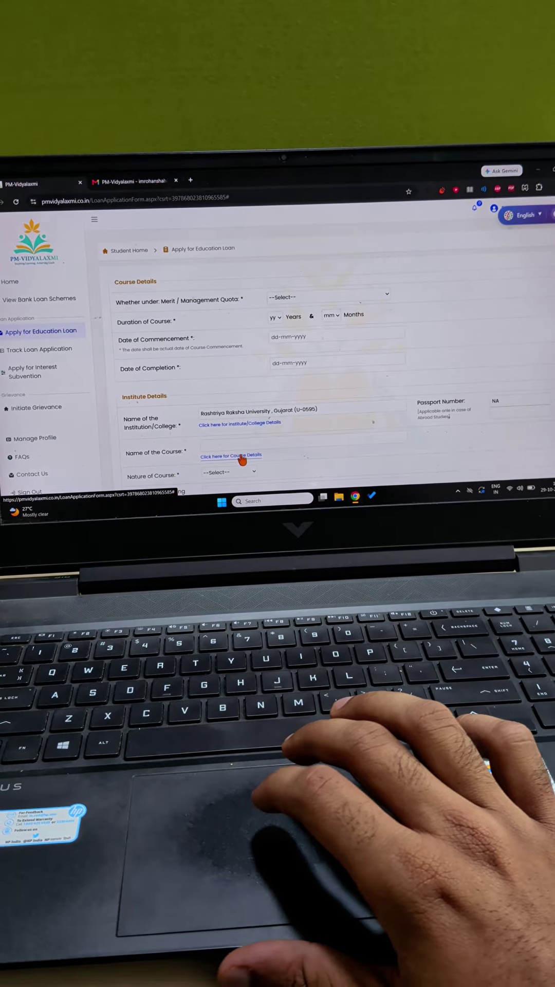 Institution selection showing Rashtriya Raksha University Gujarat
